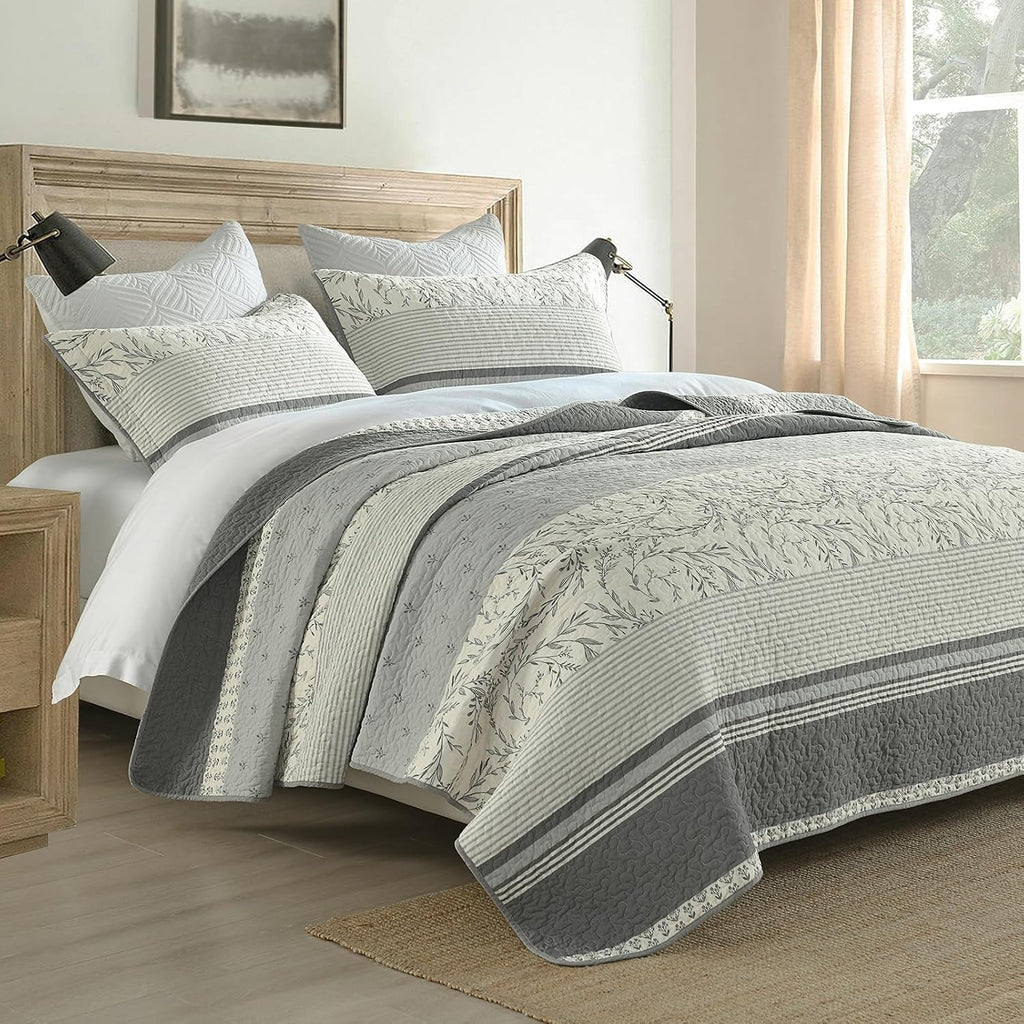 DDUOXIN 100% Cotton King Quilt - Modern Stripe King Size Quilt with 2 Pillow Shams, Bedspread Reversible Lightweight Comforter Bedding Set for All Seasons, Gray Quill/Harbor Mist/Star White