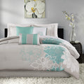 Madison Park Lola Sateen Cotton Comforter Set-Casual Medallion Floral Design All Season Down Alternative Bedding, Shams, Bedskirt, Decorative Pillows, King, Grey/Aqua 7 Piece