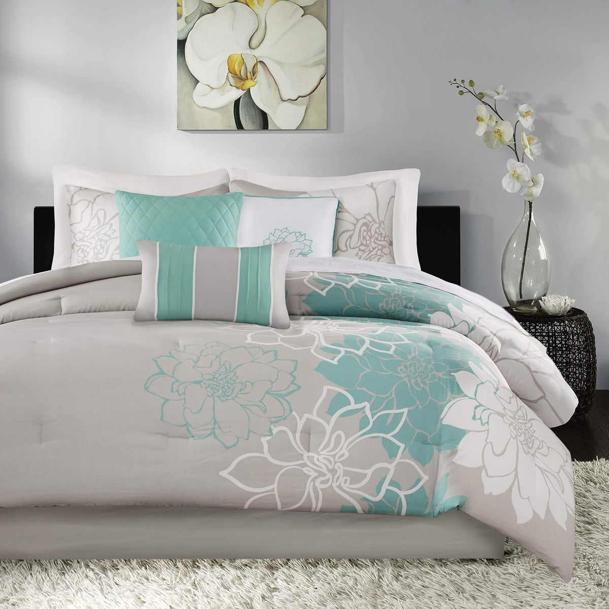 Madison Park Lola Sateen Cotton Comforter Set-Casual Medallion Floral Design All Season Down Alternative Bedding, Shams, Bedskirt, Decorative Pillows, King, Grey/Aqua 7 Piece