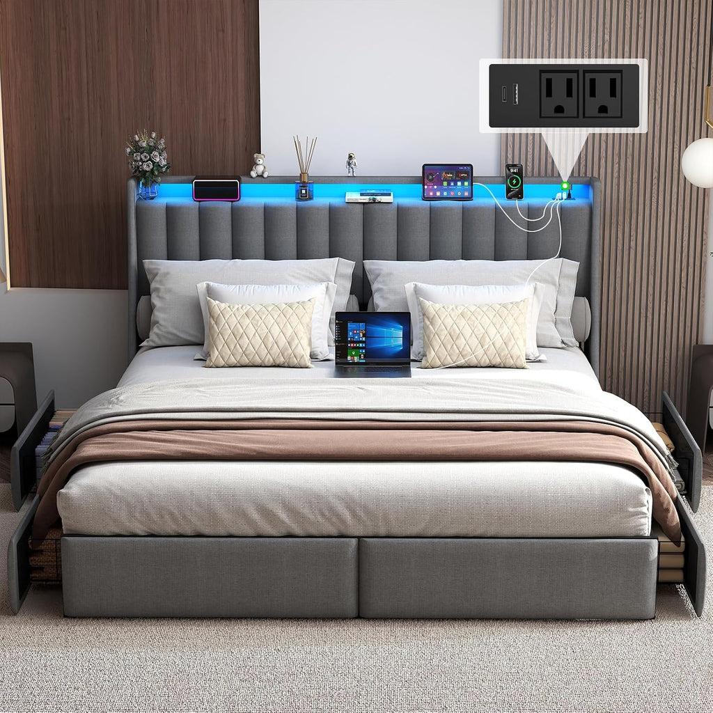 Doltoro Queen Size Bed Frame with Headboard and 4 Storage Drawers, Upholstered Wingback Metal Platform Bed with LED Lights and Charging Station, No Box Spring Needed, Noise Free, Easy Assembly, Gray