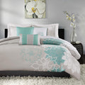 Madison Park Lola 100% Cotton Duvet Set Beautiful Floral Pattern, Ruffle Border Design All Season, Breathable Comforter Cover Bedding, Matching Shams, King(104'x92'), Aqua/Grey 6 Piece
