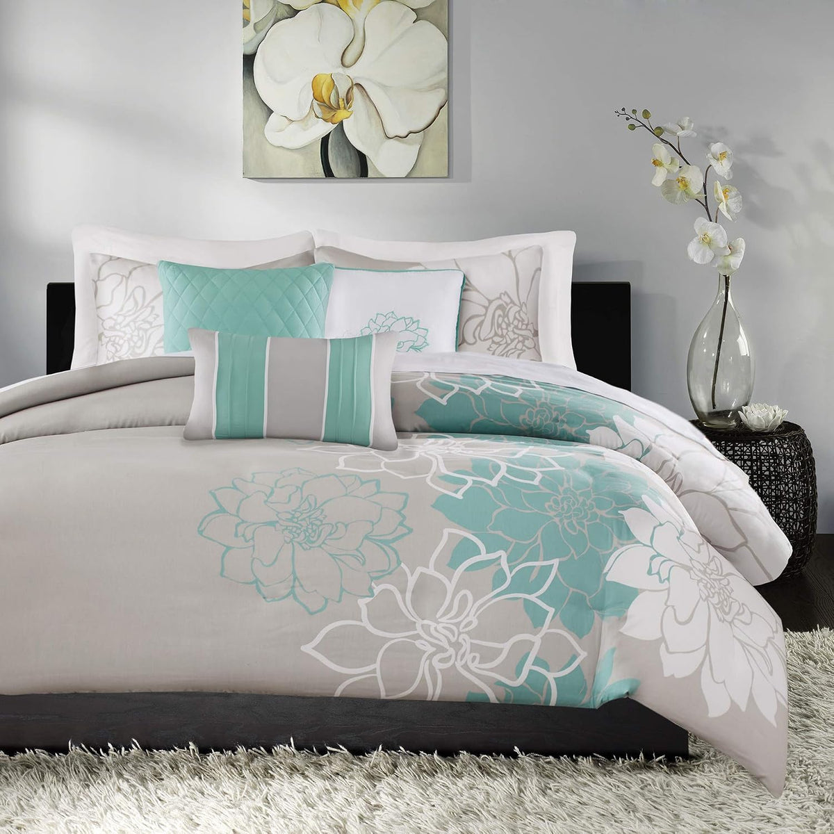 Madison Park Lola 100% Cotton Duvet Set Beautiful Floral Pattern, Ruffle Border Design All Season, Breathable Comforter Cover Bedding, Matching Shams, King(104'x92'), Aqua/Grey 6 Piece