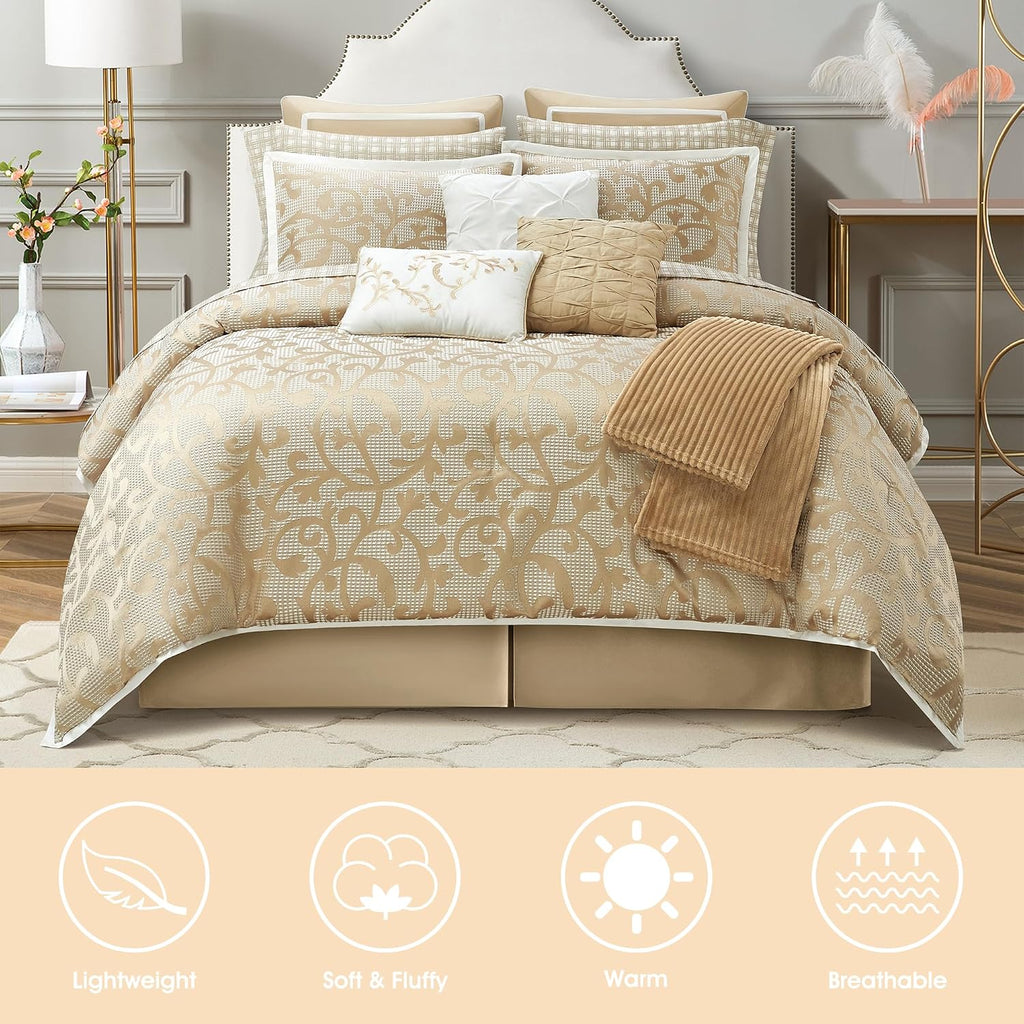 LANCO MODERN LIFESTYLE Taupe King Size Comforter Set, Classic Jacquard Floral 14 Pieces Bedding Set, Ultra Soft for All Seasons, Sheets, Bedskirt, Throw, Matching Shams and Decor Pillows
