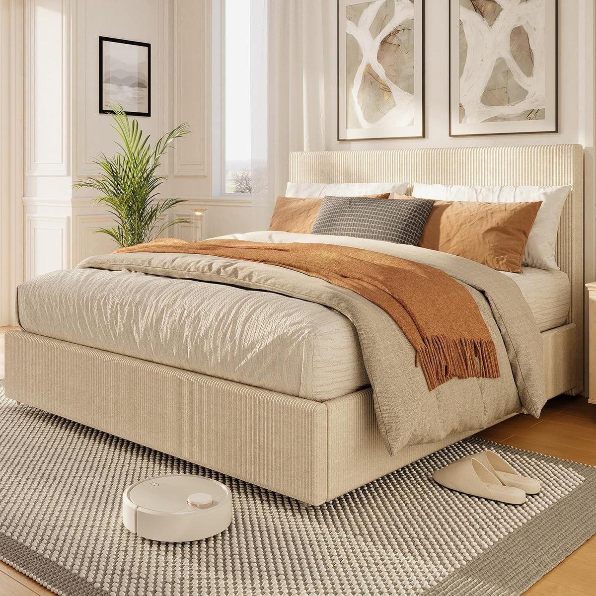 Garvee Corduroy Bed Frame with Headboard, Platform Upholstered King Size Bed Frame with 4 Storage Drawers and Wooden Slats Support, No Box Spring Needed, Beige