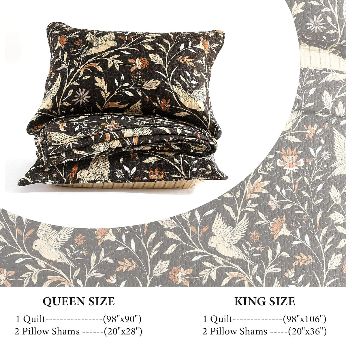 Uniclinens Botanical Quilts Queen Size, 100% Cotton Quilt Bedding Set Vintage Bird Pattern Queen Bedspread, Chic Lightweight Quilted Comforter Coverlet Set, 3 Pieces, All Season, Chocolate Brown/Beige