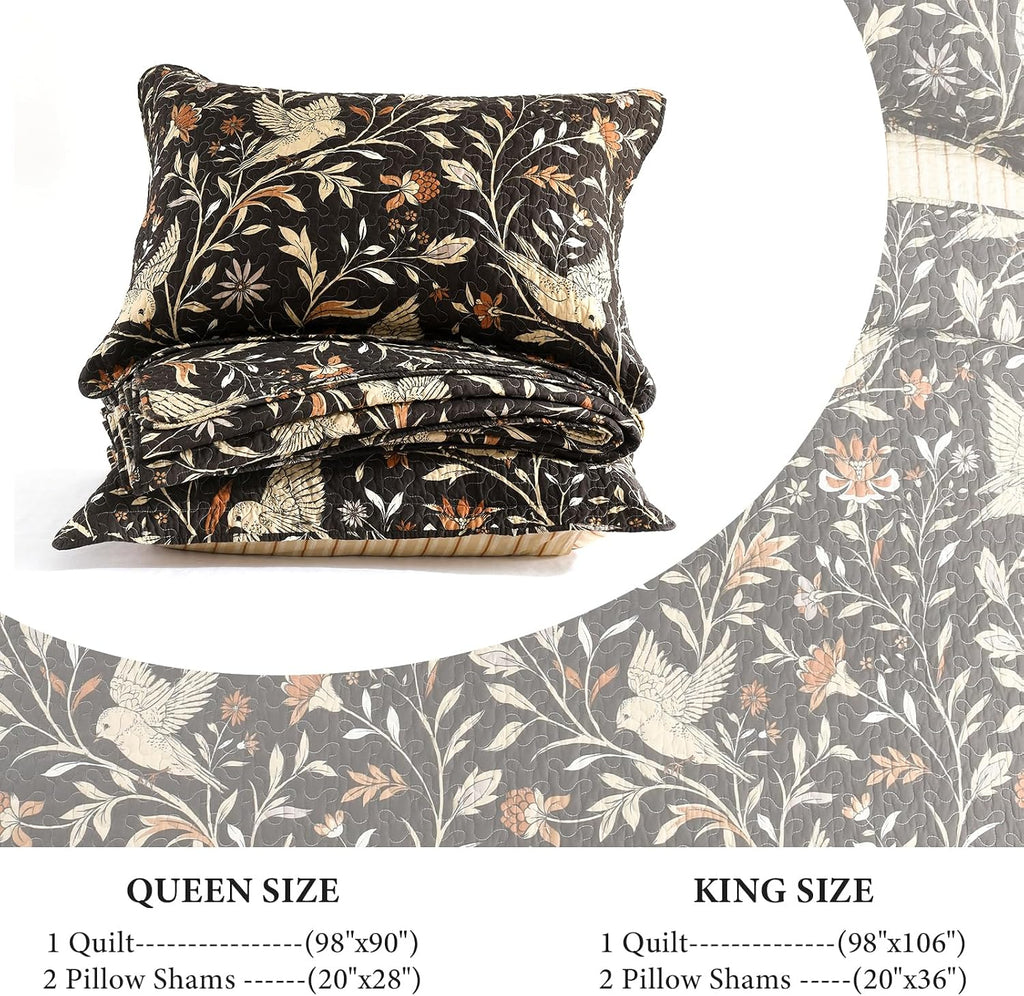 Uniclinens Botanical King Quilt Set, 100% Cotton Quilt Bedding Set Vintage Bird Pattern Bedspreads King Size, Chic Lightweight Quilted Comforter Coverlets, All Season, 3pcs, Dark Chocolate Brown/Beige