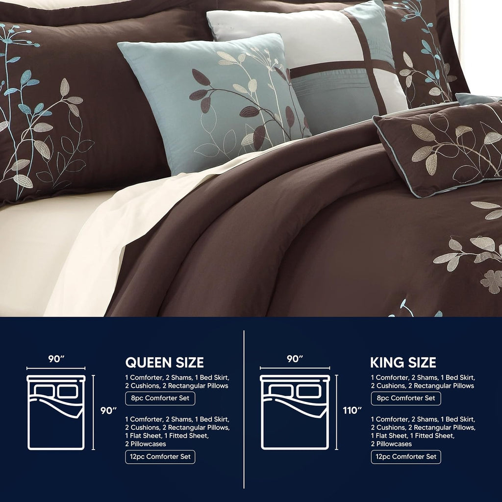 Chic Home Bliss Garden 8 Piece Embroidered Comforter Set, Queen, Brown