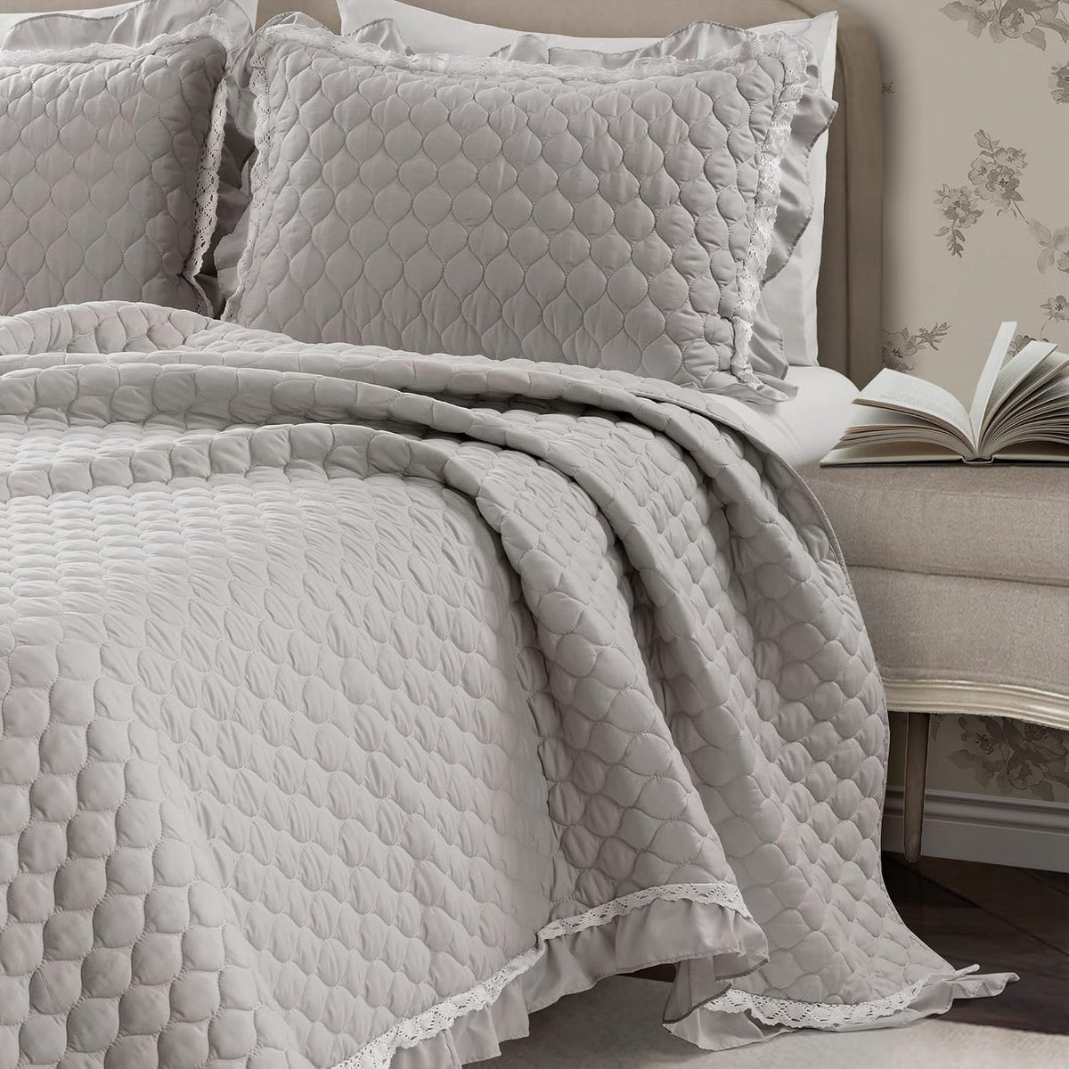 Lush Decor Ella Ruffle Lace Quilt, 3 Piece Set, Full/Queen, Light Gray - Cute Comforter - Queen Bedding Set - Gray Bedding Full Size - Coquette Decor - Ruffle Trim - Lace Trim