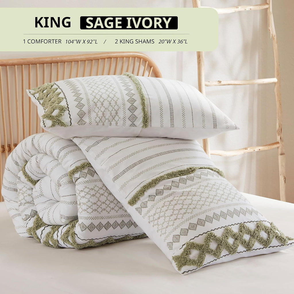 Ink+Ivy King Comforter Set, Boho Comforters, Breathable Cotton Bed Set, All Season Modern Chenille Tufted Comforter with Farmhouse Bedding Flare, Gifts for Woman, Sage/Ivory 3 Piece