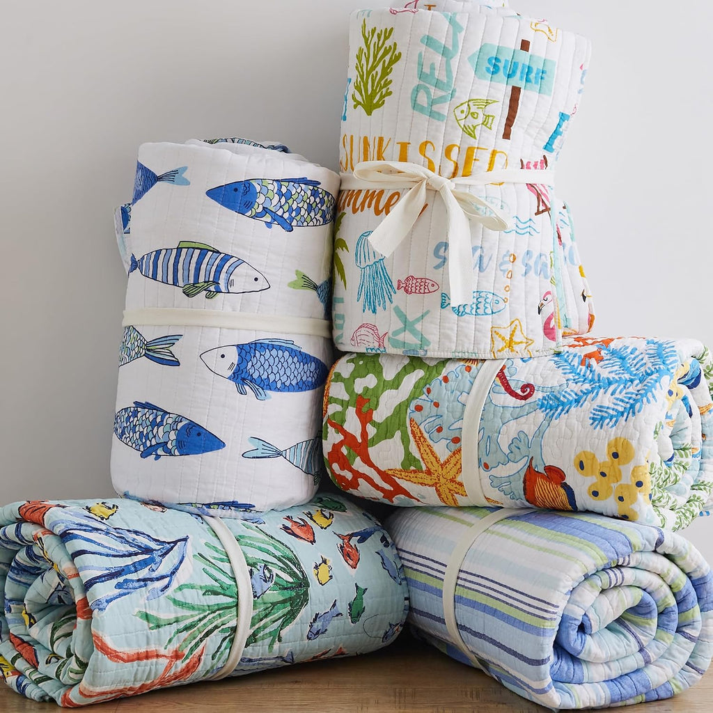 Levtex Home Laida Beach Bedding Set - 3Piece, Blue, Cotton, King Quilt & 2 Shams, Reversible, Coastal Stripe, Tropical Fish