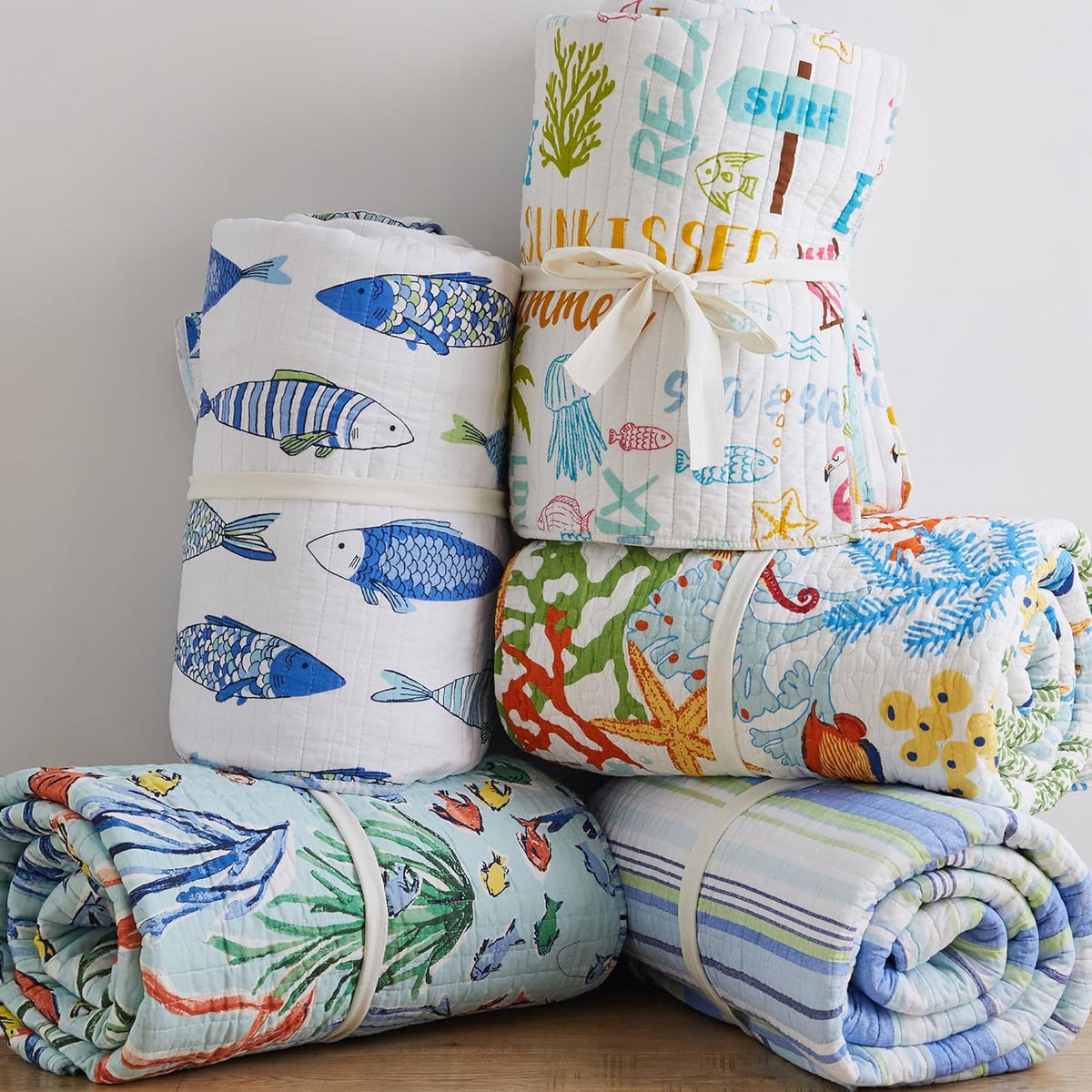 Levtex Home - Laida Beach Quilt Set -Twin Quilt + One Standard Pillow Sham - Coastal Stripe - Green, Blue, White - Quilt Size (68x86in.) and Pillow Sham Size (26x20in.) - Reversible - Cotton