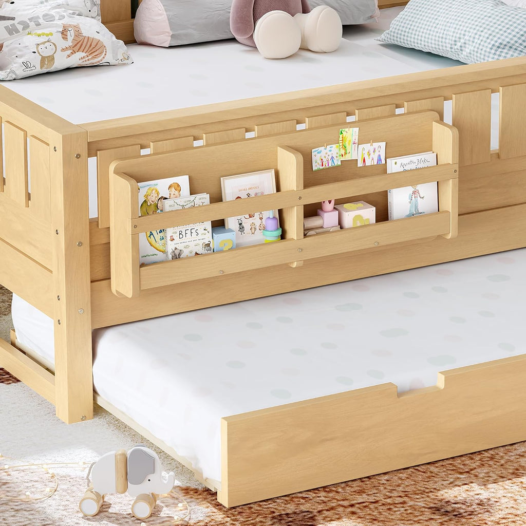 Bellemave Queen Bed with Trundle and Stairs, Queen Size Platform Bed Frame with Fence and Bookshelf, Easy Assemble Beds for Kids, Girls, Boys, Light Natural