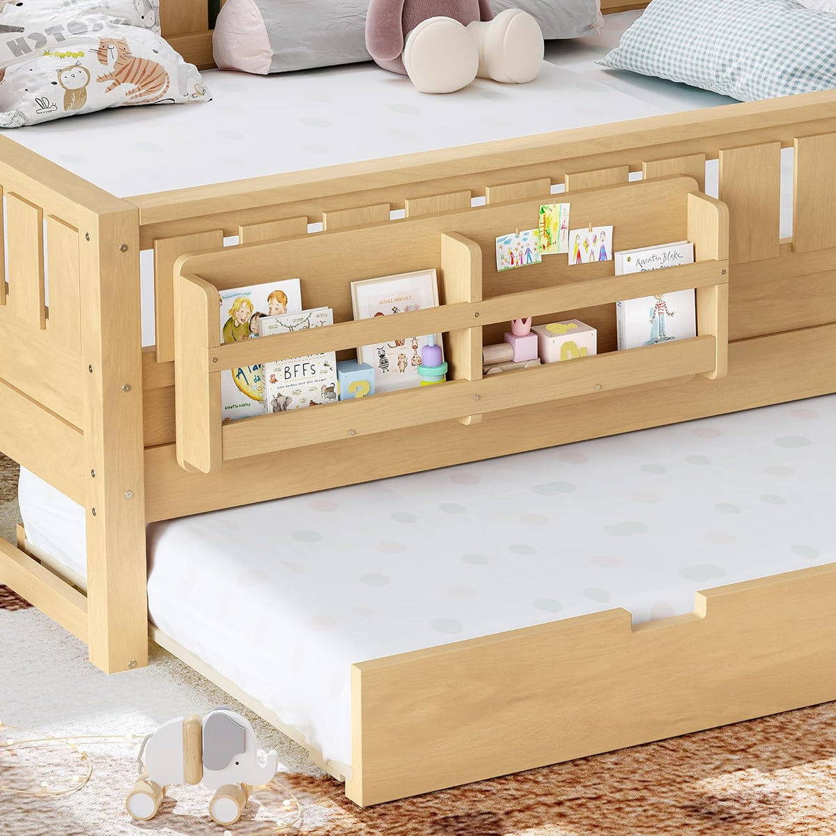 Bellemave Queen Bed with Trundle and Stairs, Queen Size Platform Bed Frame with Fence and Bookshelf, Easy Assemble Beds for Kids, Girls, Boys, Light Natural