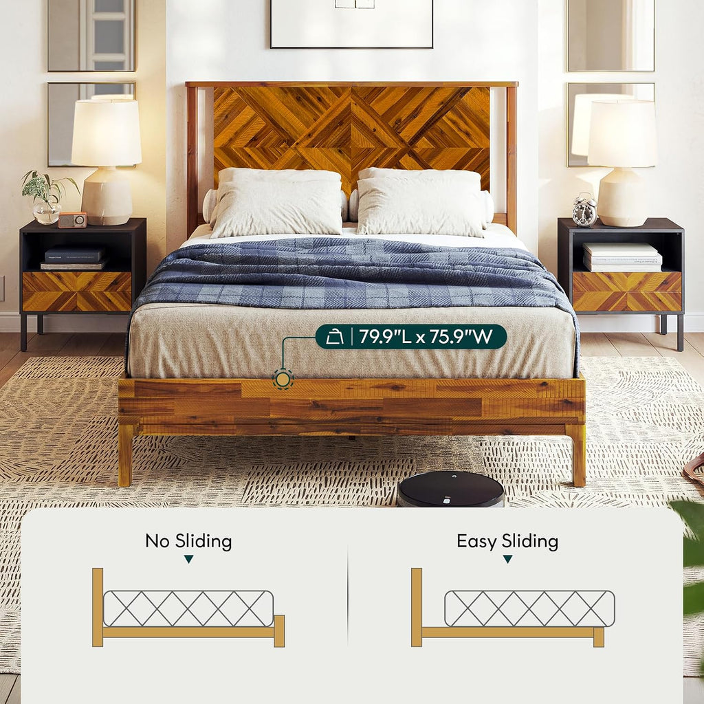 Bme Ethan Queen Bed Frame with Diamond Headboard, Mid Modern, Solid Acacia Wood, No Box Spring Needed, Fits All Mattresses, Rustic Caramel