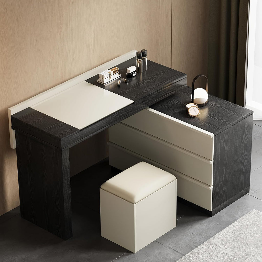 gaoyaangjiaju Mid Century Modern Makeup Vanity Desk, 47'-70' Extendable Makeup Desk with Mirror, Jewelry Organizer, Three Drawers and Matching Stool,Black & Beige