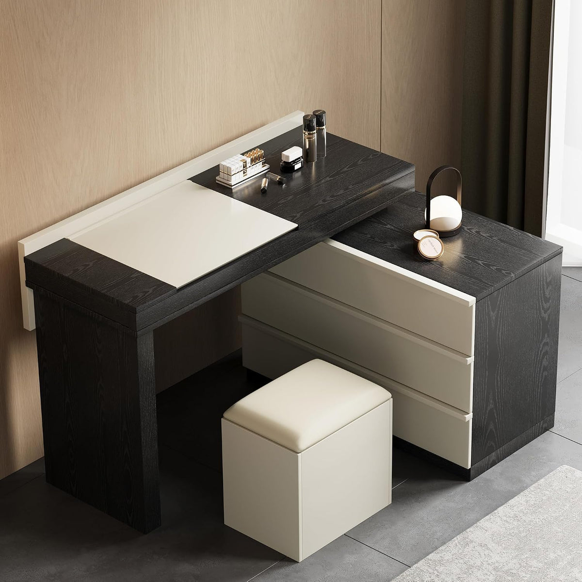 gaoyaangjiaju Mid Century Modern Makeup Vanity Desk, 47'-70' Extendable Makeup Desk with Mirror, Jewelry Organizer, Three Drawers and Matching Stool,Black & Beige