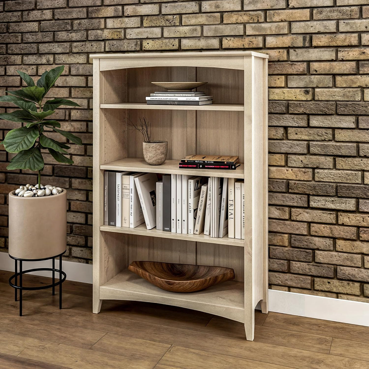 Camaflexi Shaker Style 4 Shelf Bookcase/Solid Wood / 48' High/Adjustable Shelving/Closed Back/Display Bookshelf for Living Room, Bedroom, Home and Office, Light Oak