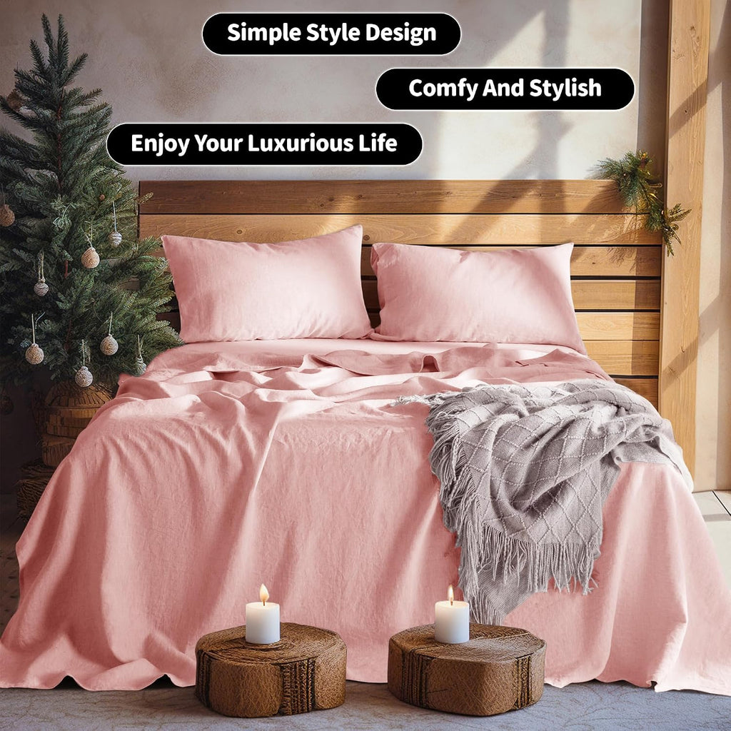 LBRO2M 100% Pure Linen Sheet Set Deep Pocket Up to 16' Bed Sheets Sets, Natural Flax Beddings Soft, Breathable, Comfortable for All Seasons 4 Pcs Sheet Set Queen Size, Blush Pink