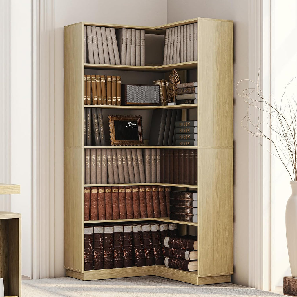 Corner Book Shelf, 6 Tier 73 Inch Tall Corner Bookshelf with Open Storage, Wood L Shaped Bookcase Storage Display Rack for Home Office, Light Walnut