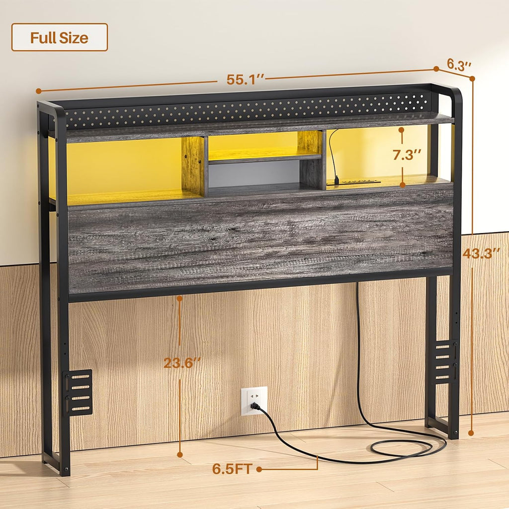 Unikito Headboard for Full Size Bed with Storage Shelf, Head Board with 3 Outlets and 2 USB Ports, Headboards with RGB LED Light, Height Adjustable, Sturdy and Stable, Easy Assembly,Black Oak