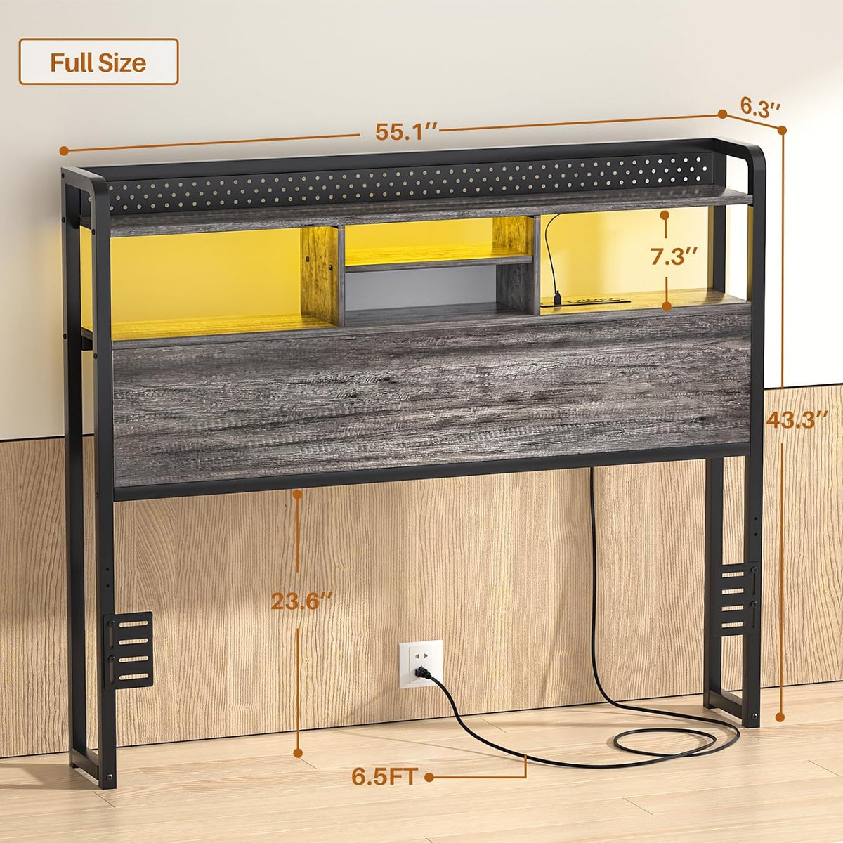 Unikito Headboard for Full Size Bed with Storage Shelf, Head Board with 3 Outlets and 2 USB Ports, Headboards with RGB LED Light, Height Adjustable, Sturdy and Stable, Easy Assembly,Black Oak