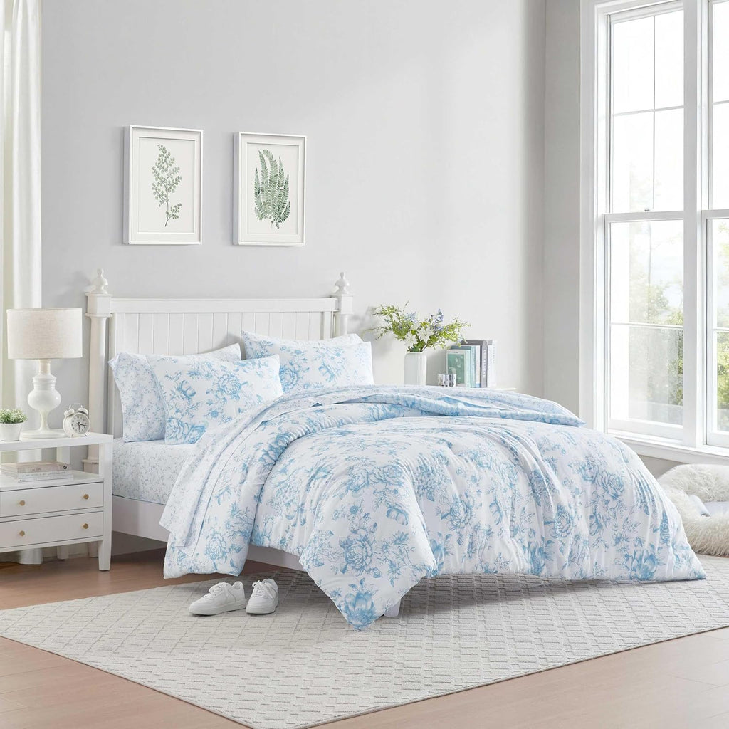 Laura Ashley - Queen Comforter Set, Soft & Reversible Floral Bedding with Bonus Bed Sheets & Pillowcases, 7 Piece Bed Set for Year Round Comfort (Delphine Saras/Sprig Blue)