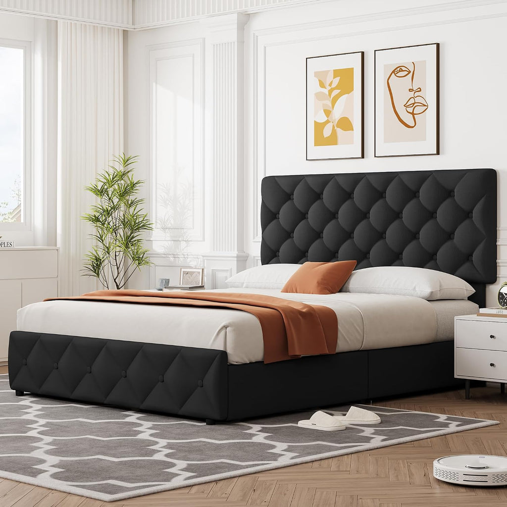 GarveeHome Full Size Bed Frame with 4 Storage Drawers and Adjustable Headboard, Linen Upholstered Platform Beds, Diamond Stitched Button Tufted, No Box Spring Needed, Black