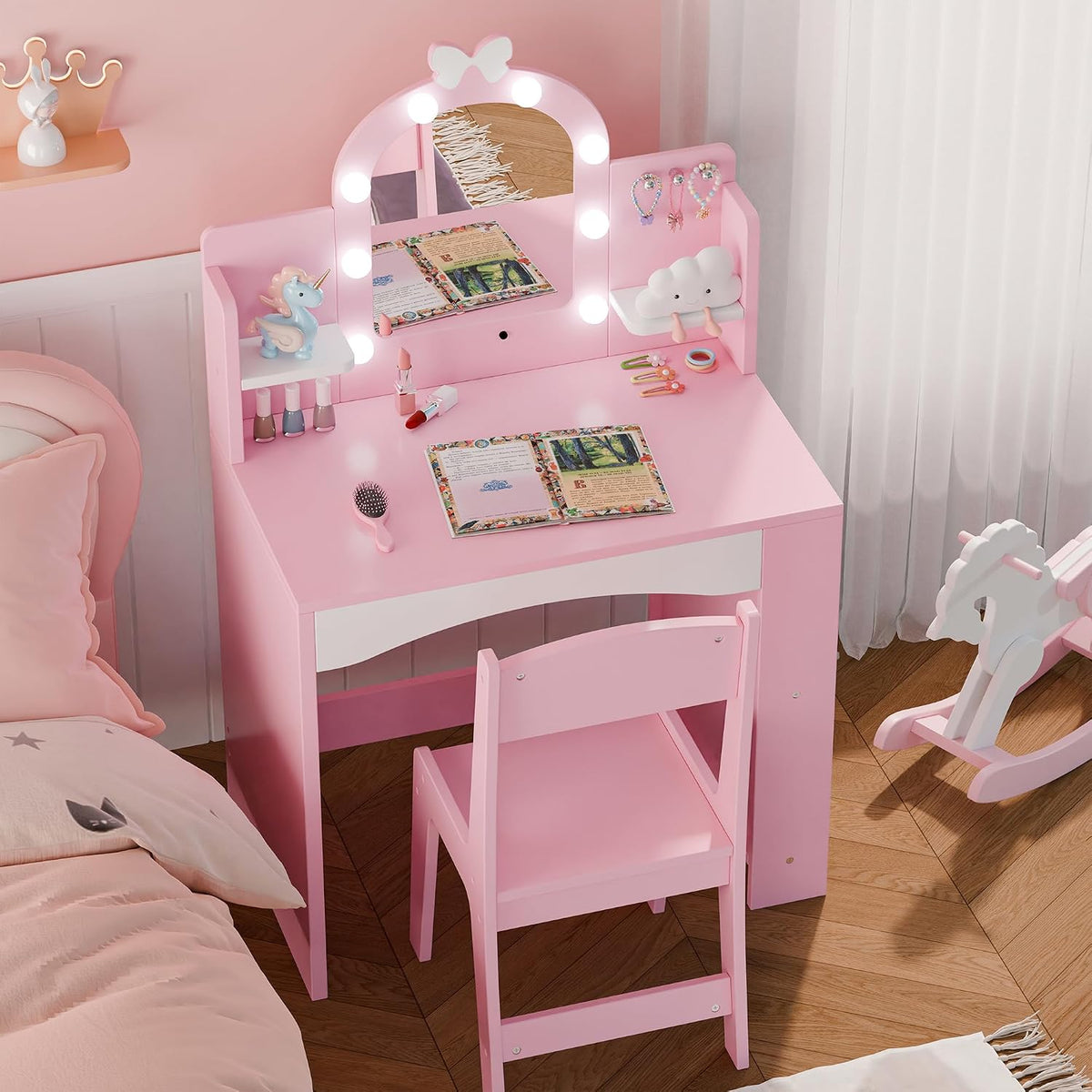 MU Kids Vanity with Lights, Princess Makeup Vanity Table and Chair Set for Girls, Toddler Vanity Desk with Open Bookshelf, Storage Cabinet & Shelves, Stools, Pink