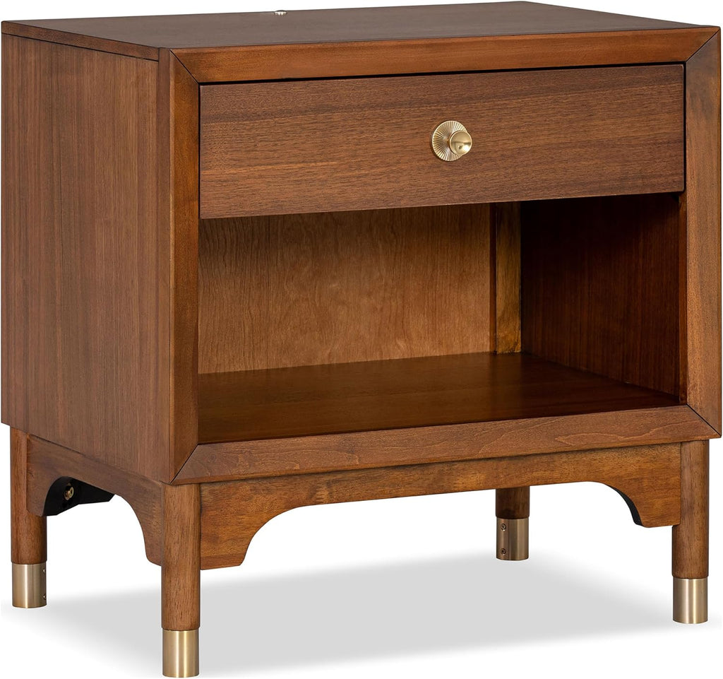 Furniture of America Forma Modern Solid Wood 4-Piece Bedroom Set with Storage Bed with LED Lights, Ball-Bearing Glide on Nightstand and Dresser with Mirror, No Box Spring Needed, King, Walnut