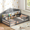 KOMFOTT Twin Floor Bed with Bookcase & LED Light, Wood Bed Frame with Bedside Bookshelves & Guardrails, Versatile 2-in-1 Montessori Floor Bed for Kids (Grey)