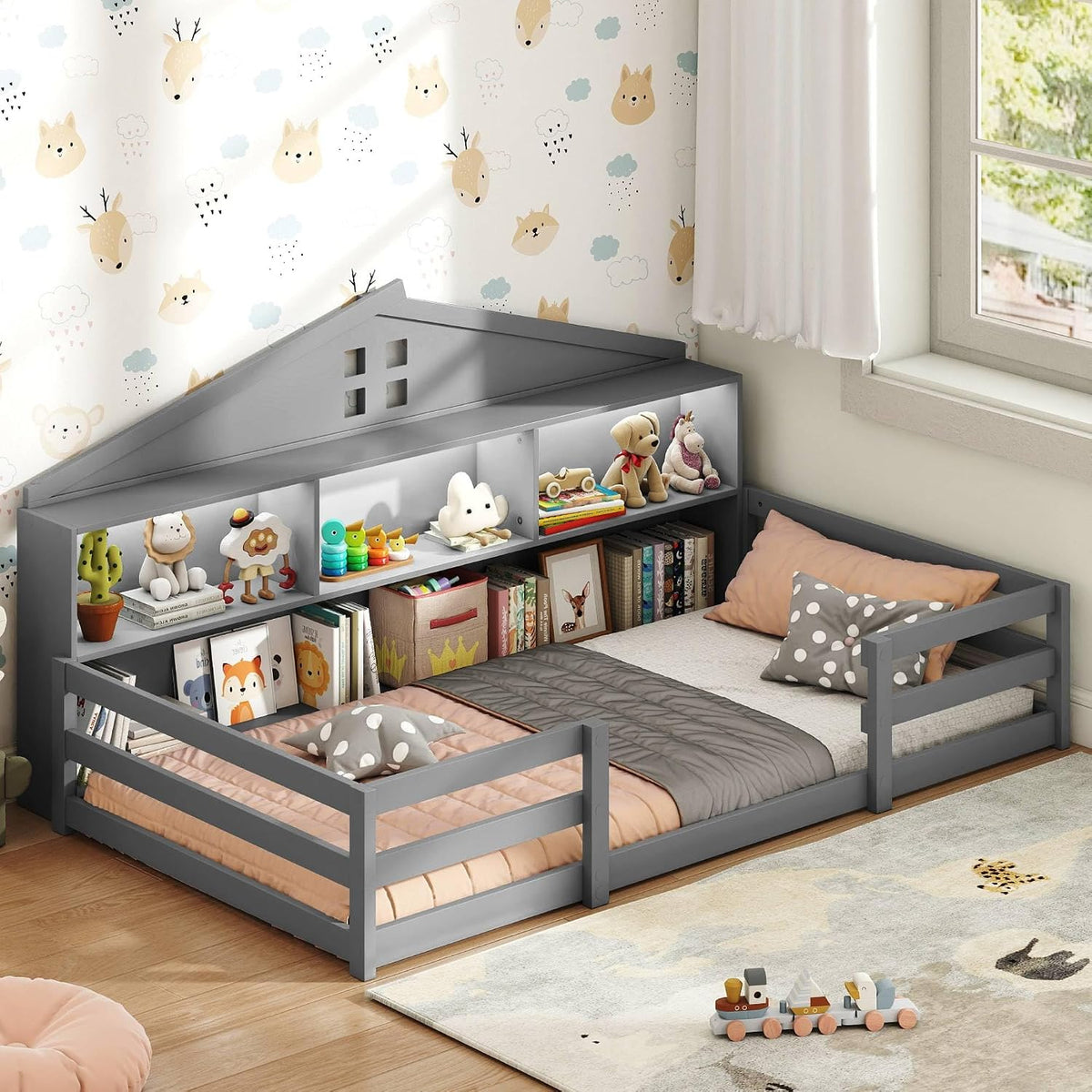 KOMFOTT Twin Floor Bed with Bookcase & LED Light, Wood Bed Frame with Bedside Bookshelves & Guardrails, Versatile 2-in-1 Montessori Floor Bed for Kids (Grey)