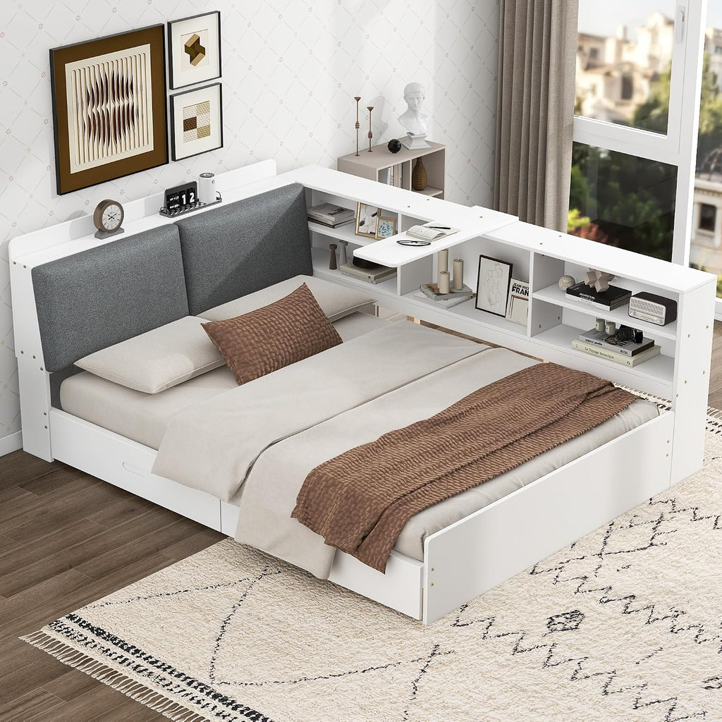 Merax Corner Full Bed Frame, Wood Platform Bed with Storage Headboard, Full Size Daybed with 2 Drawers and Rotatable Storage Board for Living Room,Bedroom,Guest Room,White