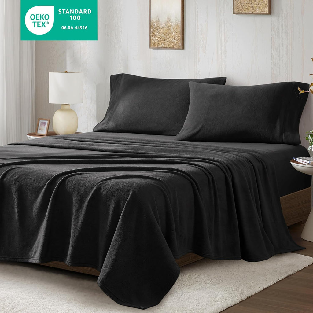 True North by Sleep Philosophy Micro Fleece Bed Sheet Set, Warm, Sheets with 14' Deep Pocket, for Cold Season Cozy Sheet-Set, Matching Pillow Case, Cal King, Black, 4 Piece