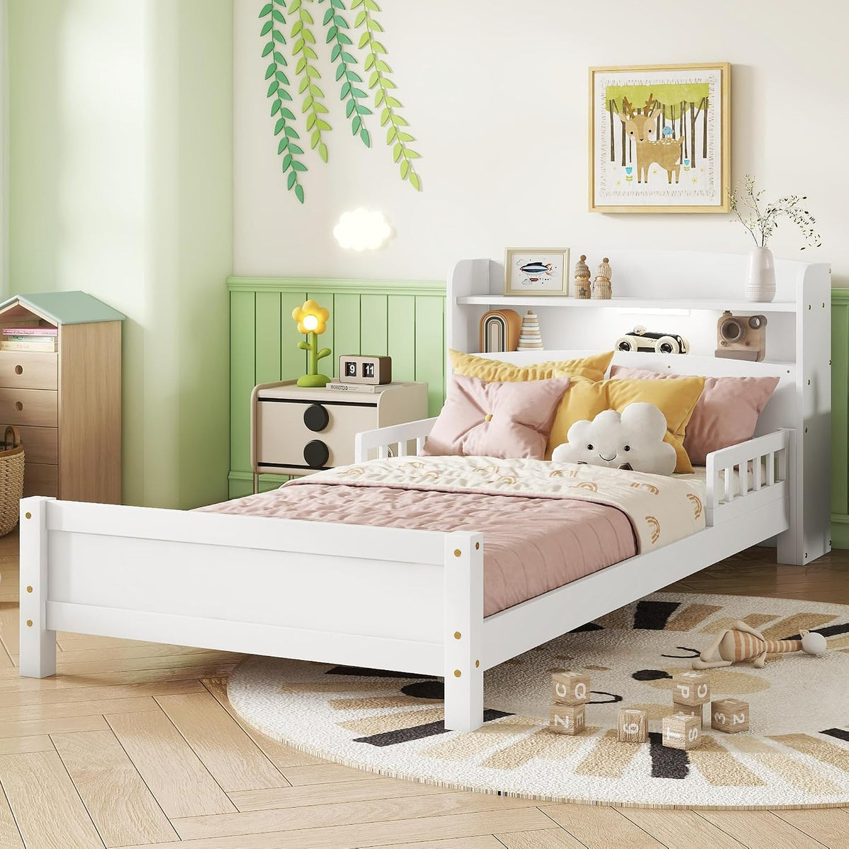 Twin Size Kids Bed, Twin Bed with Storage Bookcase & Headboard, Bed Frames with Rails & LED Motion Sensor Light, for Bedroom, for Boys & Girls, White