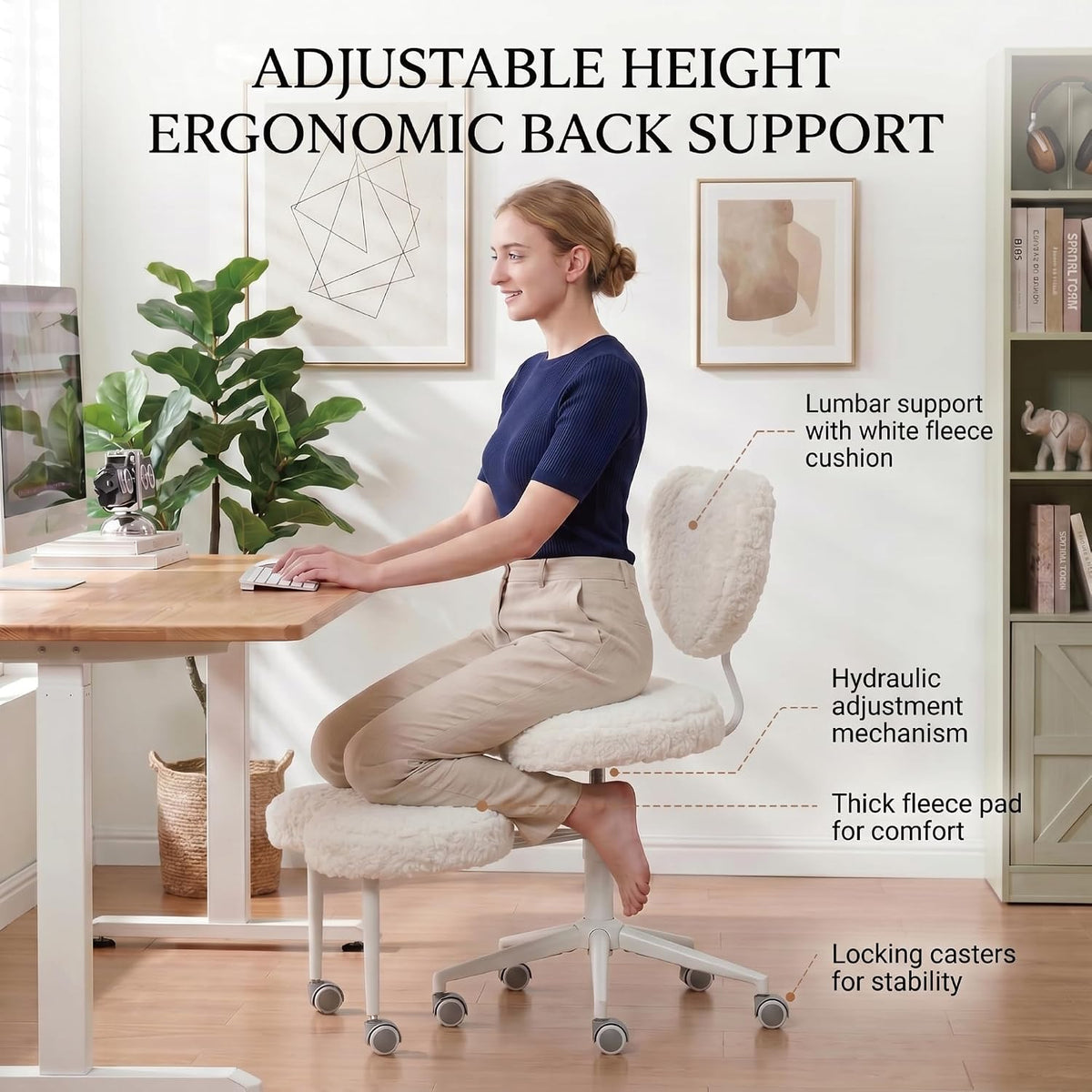 Cross Legged Office Chair with Wheels, 360 Swivel Height-Adjustable Meditation Chair with Lumbar Support, Beige