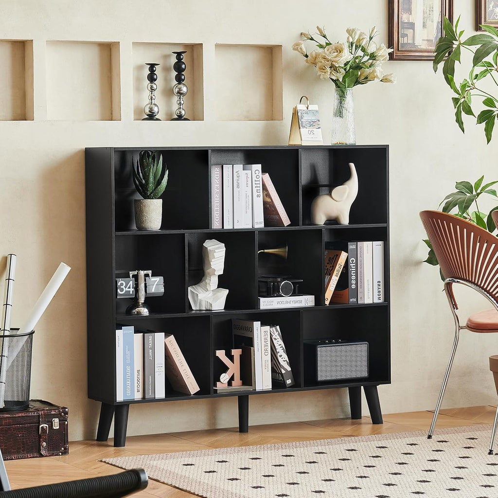 LEYAOYAO 10 Cube Bookshelf,3 Tier Modern Wide Bookcase with Legs,Mid-Century Wood Bookshelves Storage，Black Large Book Case,Freestanding Organizer Display Shelf for Bedroom,Living Room,Office