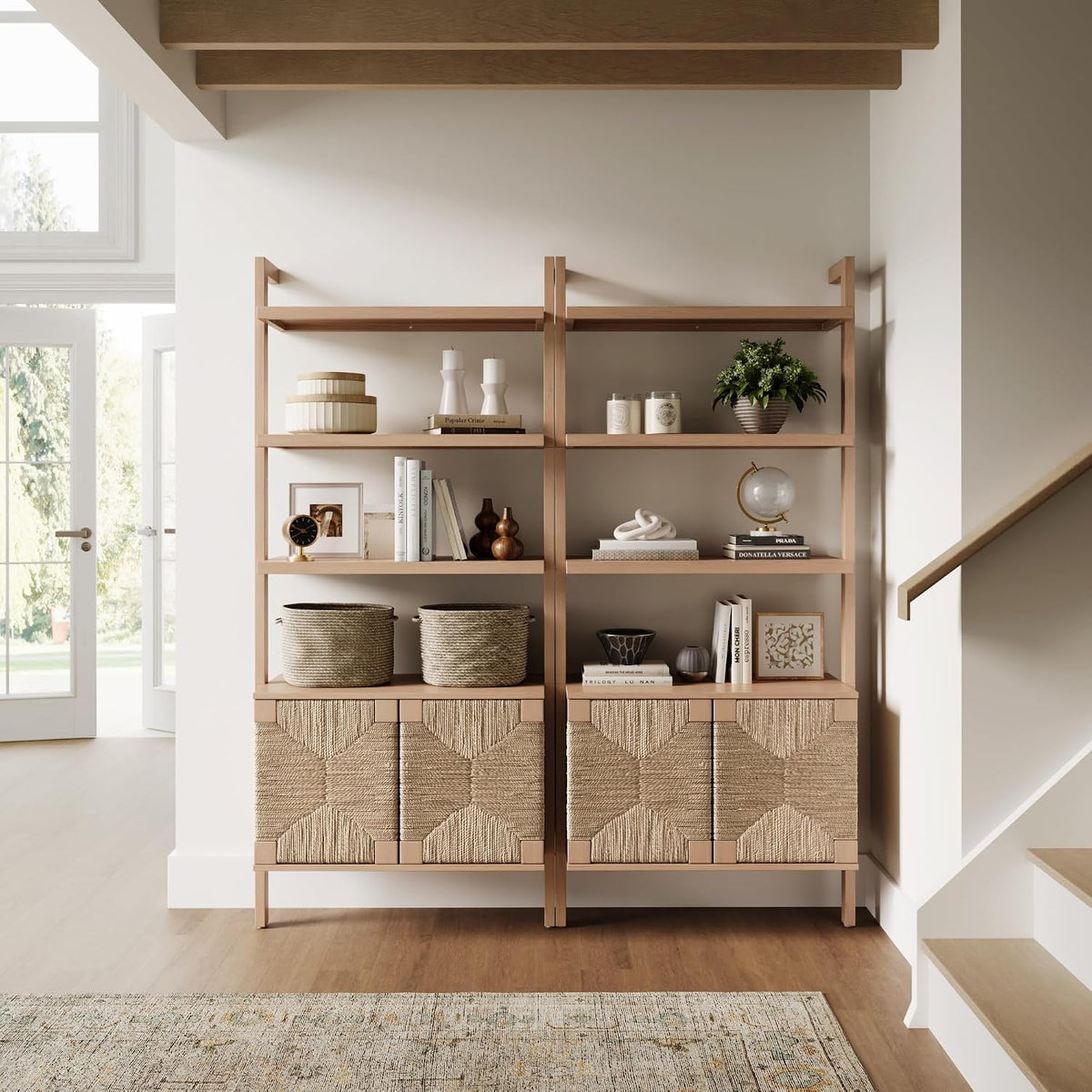 Nathan James Beacon 3-Shelf Bookcase with Seagrass Cabinet, Solid Wood Bookshelf with Storage with Solid Wood Frame, Seagrass/Raw Oak Set of 2