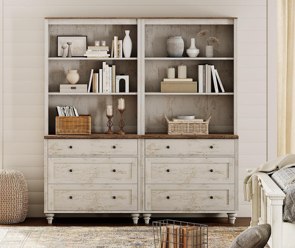 WAMPAT 3 Tier Bookshelf with 3 Drawers, 72' Tall Bookcase Large Farmhouse Display Book Case Shelf with 3-Tier Open Book Shelfs，Library Wood Bookshelves for Living Room,Kitchen, Rustic White (2PCS)