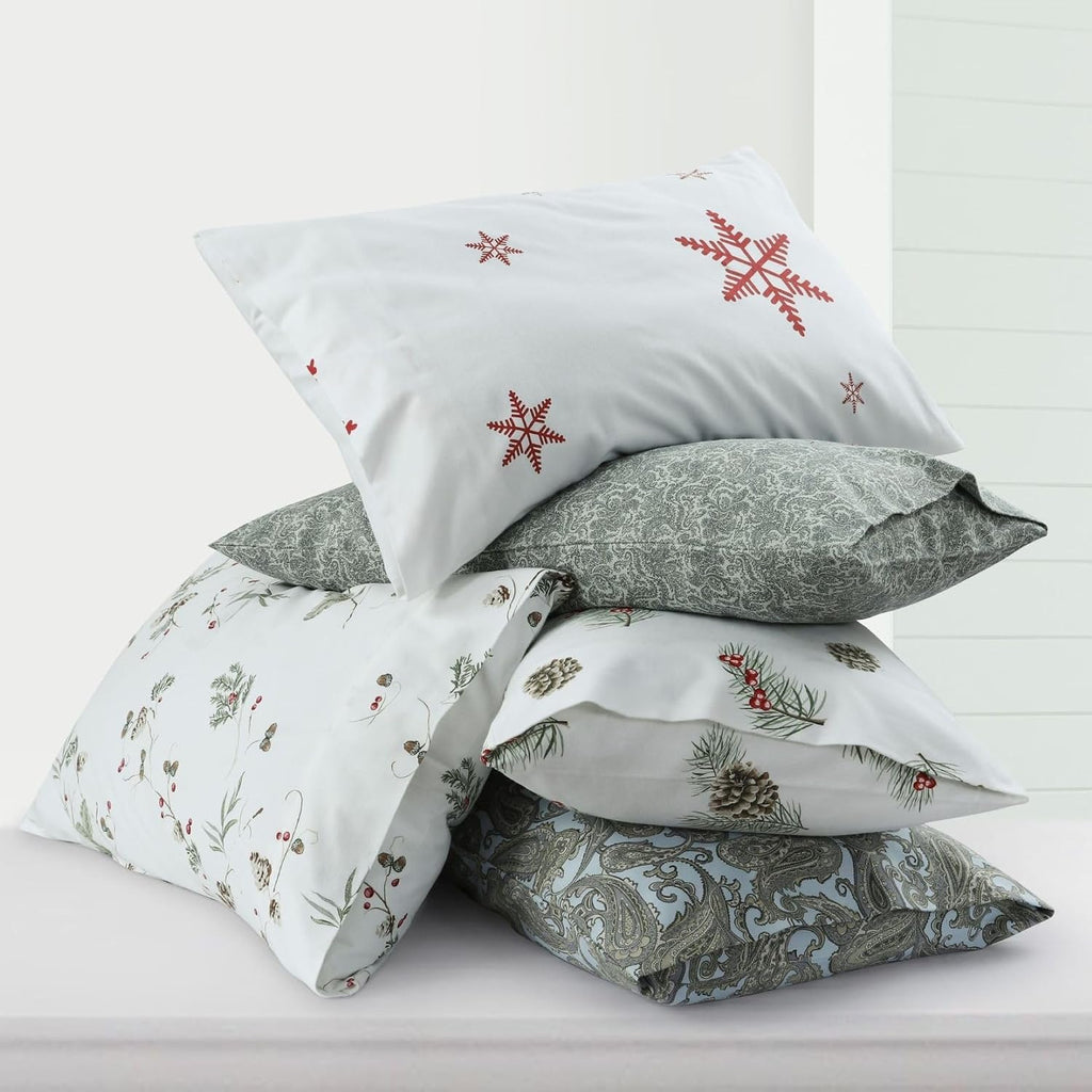 Tribeca Living Portuguese Cotton Flannel Sheets Queen Size - 170-GSM Deep Pocket Bed Sheet Set for Mattresses up to 21 Inches - 4 Piece Ultra-Soft Printed Bedding in Bella Grey