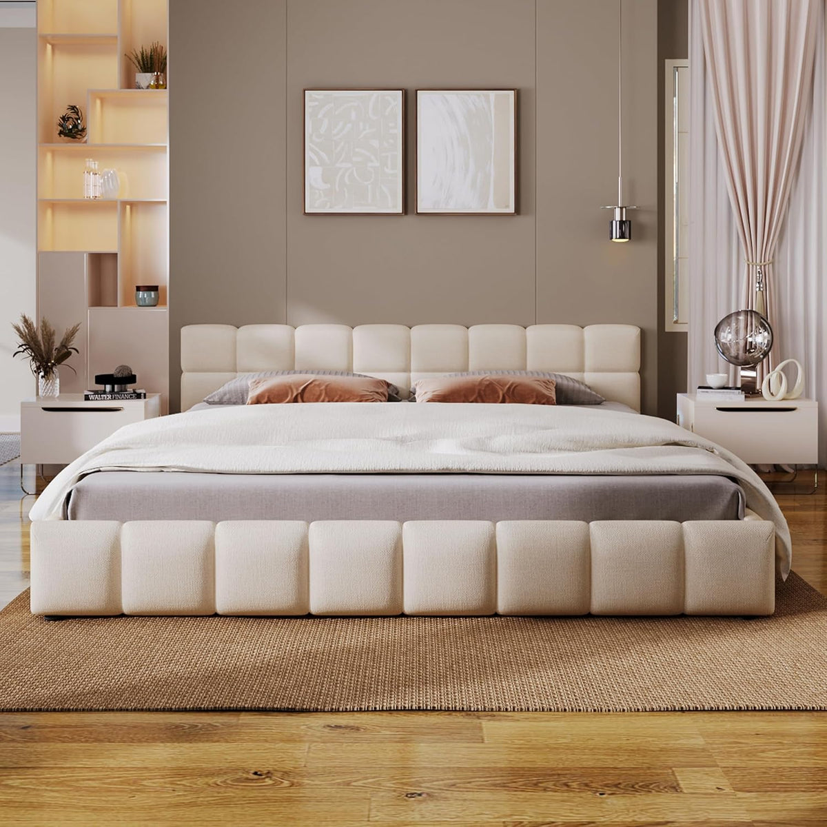 JIJIWANG Elegant Queen Size Upholstered Platform Bed，Boucle Ground Platform Bed with Checkerboard Design Thick Headboard and Footboard, Block Style, Beige