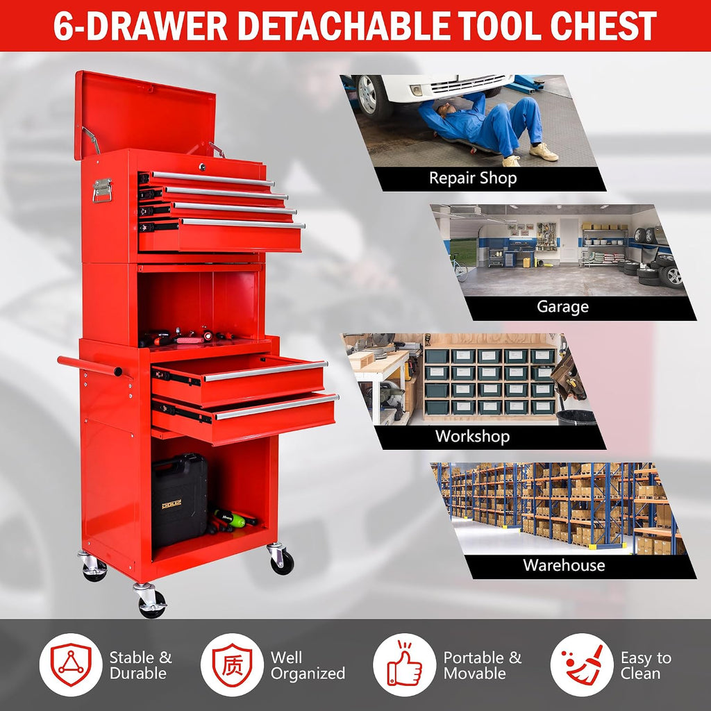 6-Drawer Tool Chest, 3-in-1 Rolling Tool Box with Detachable Top Toolbox & Key Lock,Tool Cabinet with Protective Liner & Universal Lockable Wheels,Metal Storage Cart for Garage,Workshop (Red)