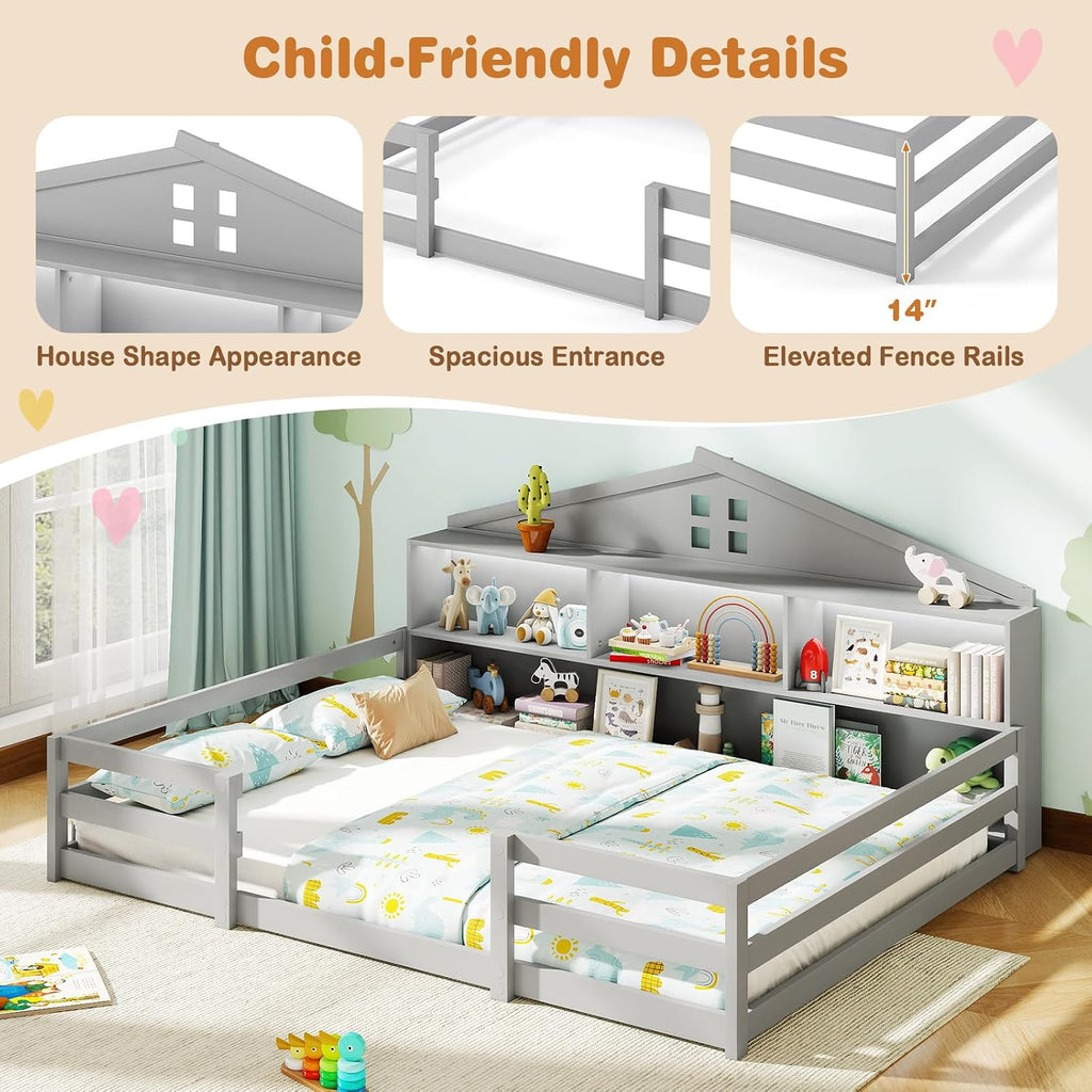 KOMFOTT Full Floor Bed with Bookcase & LED Light, Wood Bed Frame with Bedside Bookshelves & Guardrails, Versatile 2-in-1 Montessori Floor Bed for Kids (Grey)