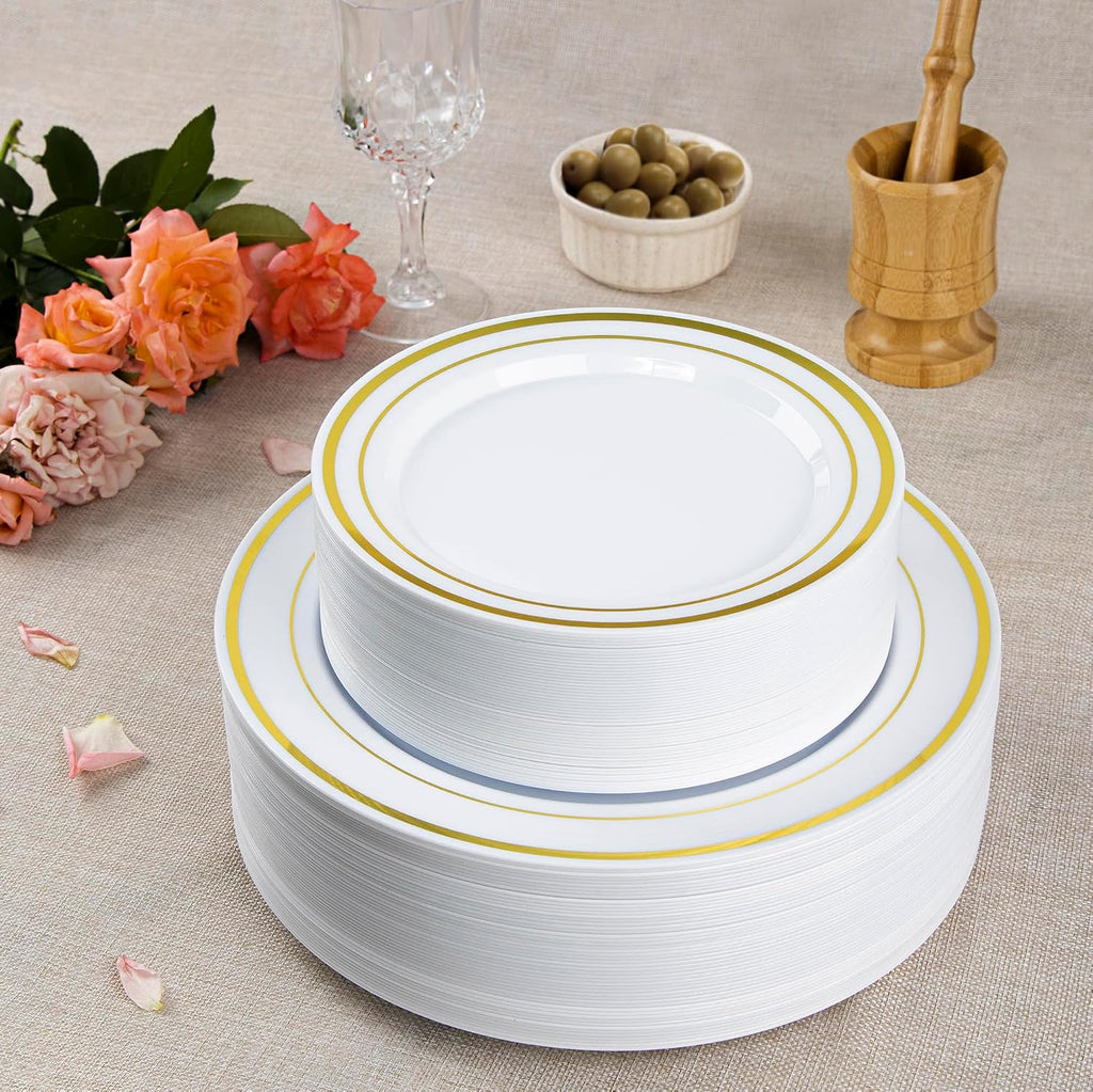 SETUP Case of 300 White Gold Rimmed Plastic Plates - Premium Heavy-Duty Disposable Plates for Wedding and Party, 150 10.25' Dinner and 150 7.5' Salad Plates