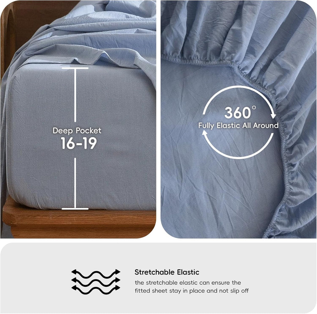 MooMee Bedding Sheet Set 100% Washed Cotton Linen Like Textured Breathable Durable Soft Comfy (Heathered Cornflower Blue, Split King)