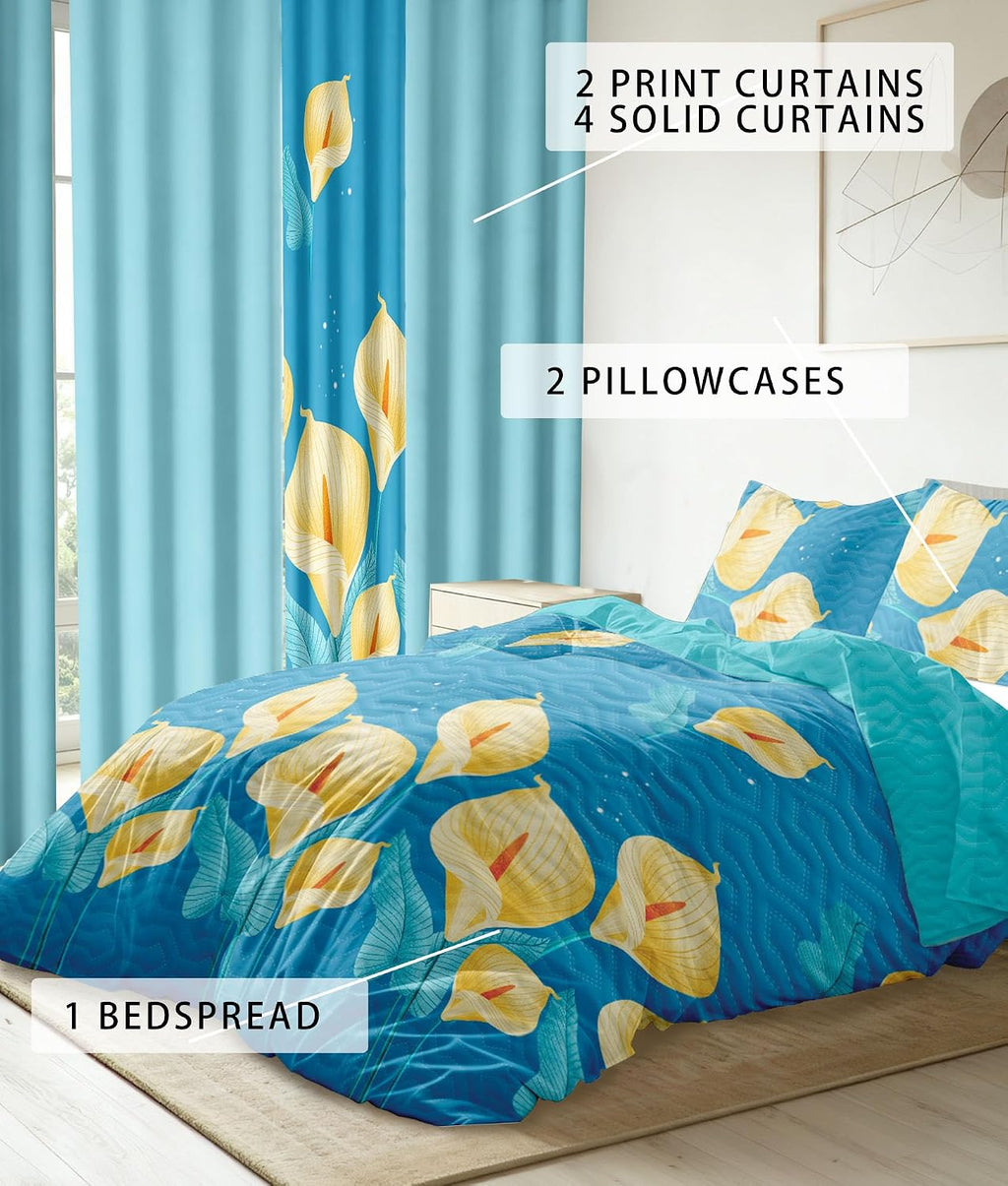9 pcs Cal King Bed in a Bag with Curtains | Bedspread, Pillowcases, Print & Solid Curtains | Microfiber Tropical Floral | Moisture-Wicking, Durable | Bedspread and Curtain Sets