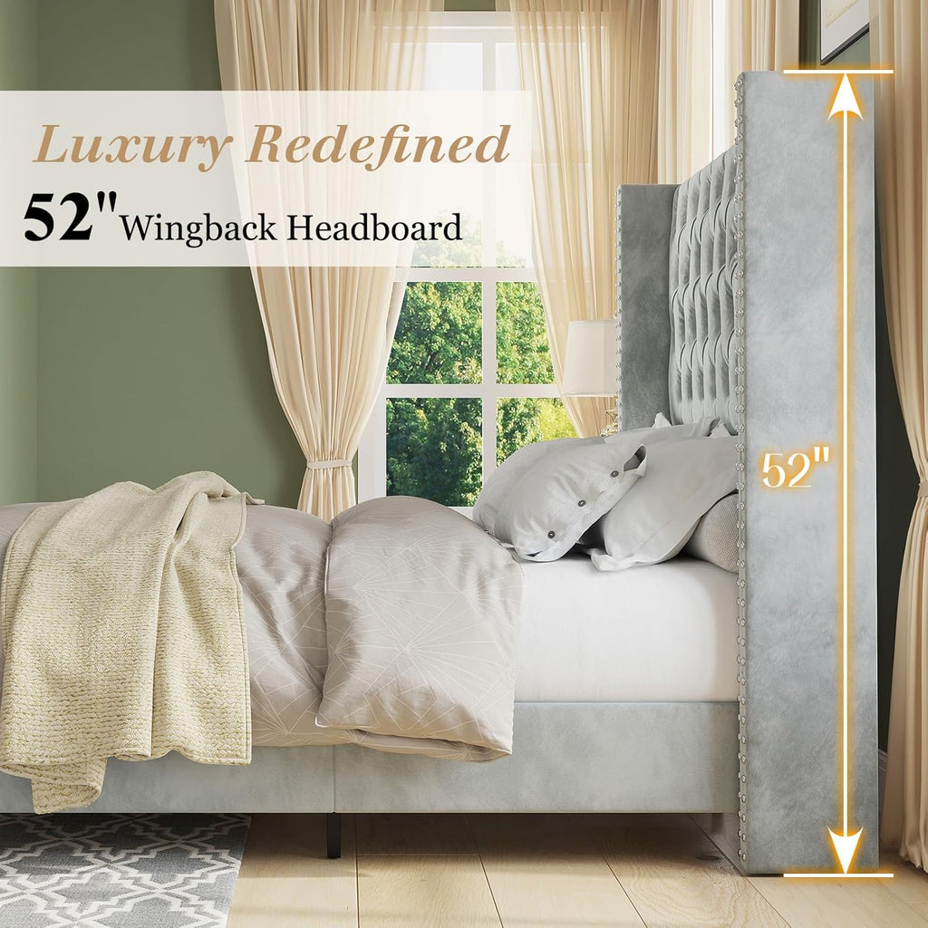 Jocisland King Size Bed Frame with 51.6' Wingback Tufted Velvet Headboard, Modern Upholstered Platform Bed, No Box Spring Needed, Easy Assembly, Light Grey