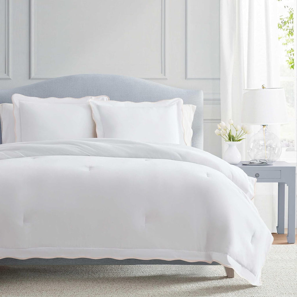 Martha Stewart - Twin Comforter Set, Crisp & Smooth Bedding with a Cotton Percale Lightweight Feel, Reversible 2 Piece Bed Set with Matching Pillowcase (Simple Scallop Pink)