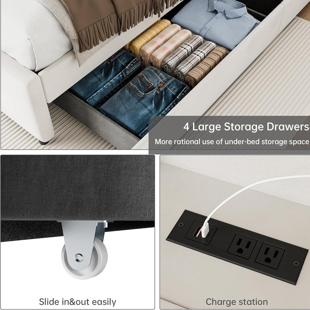 GarveeHome Full Size Bed Frame with Storage Headboard& Charging Station, Velvet Upholstered Full Size Platform Bed Frame with 4 Drawers&Wooden Slat Support, Noise Free Design, Easy to Assemble, Beige