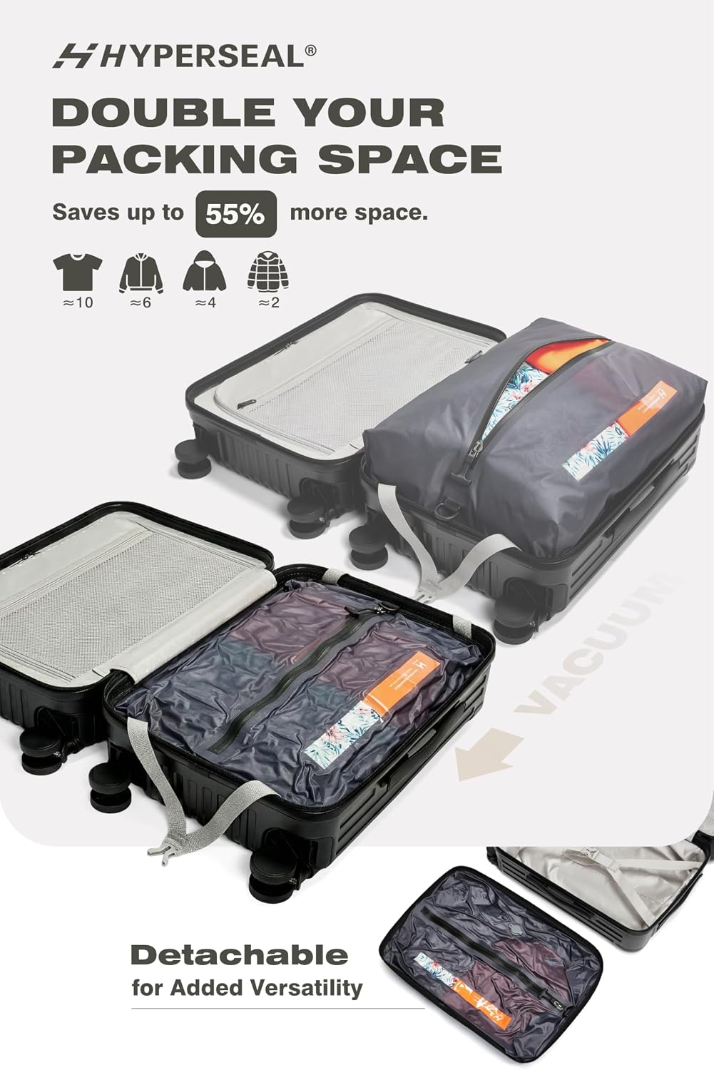 AirVault Vacuum Seal Air Compression 20-Inch Suitcase Carry-On Travel Luggage USB Port Pump TSA Lock Backpack Vacpack 20' - HyperVault, Matte Black, 60L Capacity (1 Vacuum Bag)