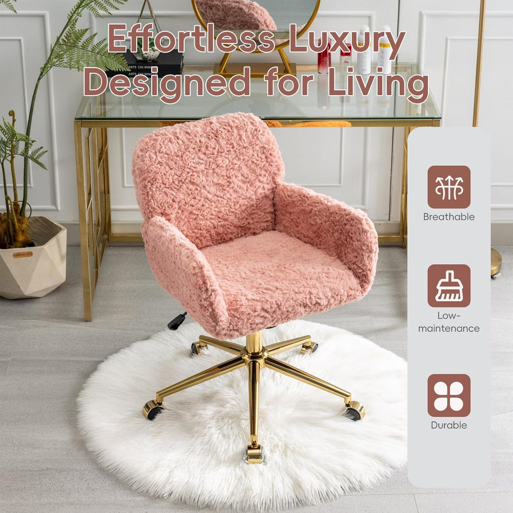 Plush Faux Fur Desk & Vanity Chair with Gold Base – Comfy Adjustable Girls Desk Chair, Makeup Chair, 360° Swivel, Tilt Backrest, Rolling Wheels – Modern Chic Home Office Seating,Pink